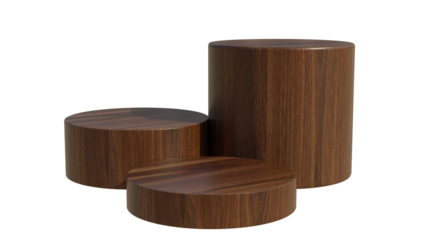 Podium stands isolated on white transparent, empty wooden product display set 