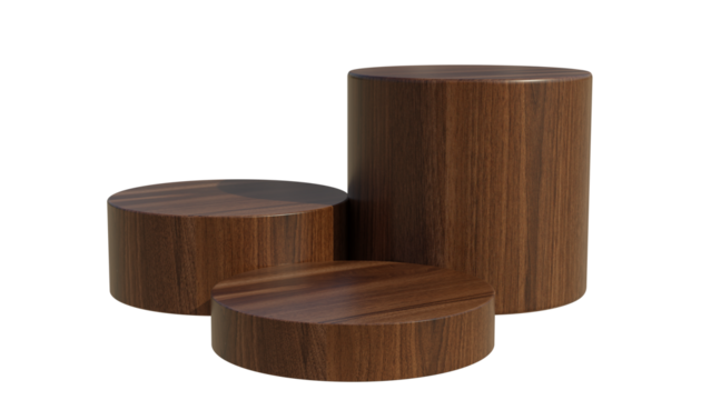 Podium stands isolated on white transparent, empty wooden product display set 