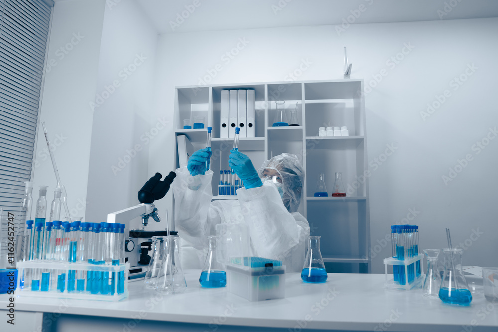 Aufkleber A skilled scientist conducts complex experiments in a modern lab using advanced technology to uncover valuable insights that could benefit society and enhance our understanding of the world