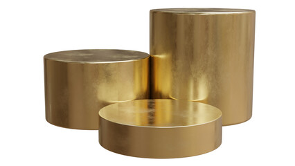 Podium stands isolated on white transparent, empty golden product display set 