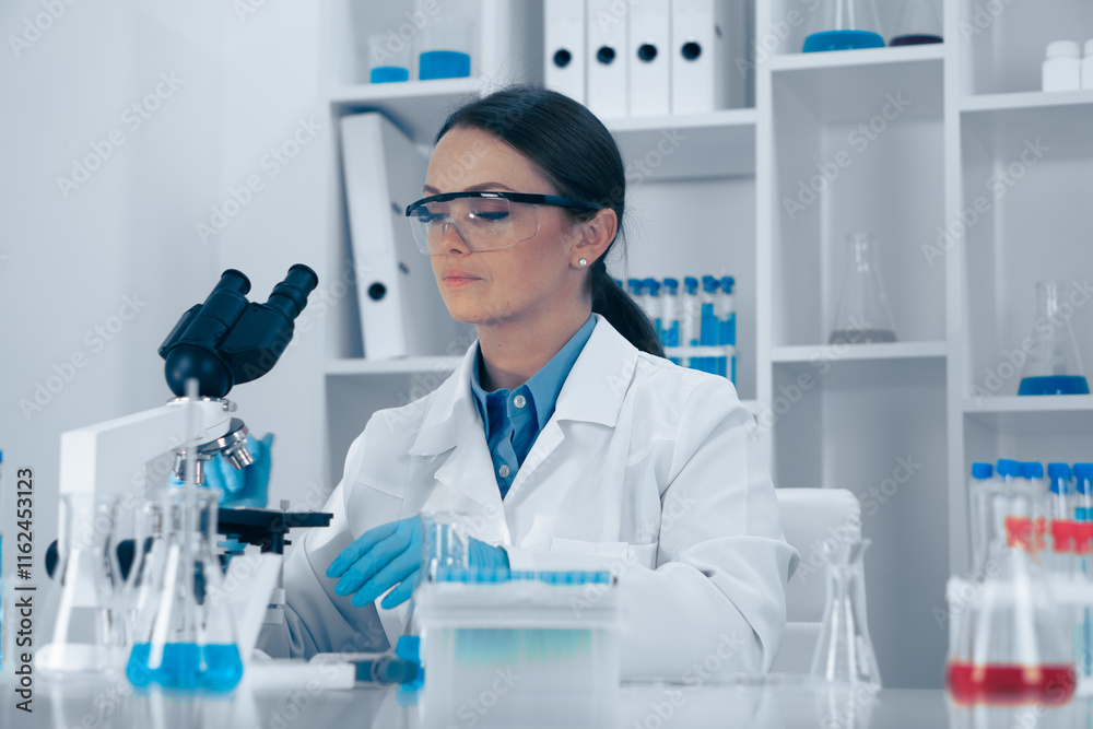 Aufkleber A dedicated scientist analyzes samples in a stateoftheart lab using precise techniques to achieve reliable results, significantly contributing to advancements in scientific research and innovation