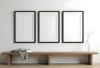 Three empty black frames on a white wall above a wooden bench