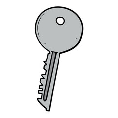 Hand drawn cartoon door key on white background.