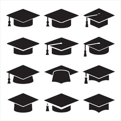 set of vector graduation hat with diploma, Education cap, Graduation student black cap with academic degree certificate silhouettes