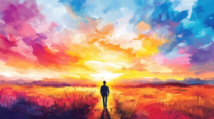 Fototapeta premium Abstract Watercolor Background on Paper with a Colorful Sunset and Bright Sky