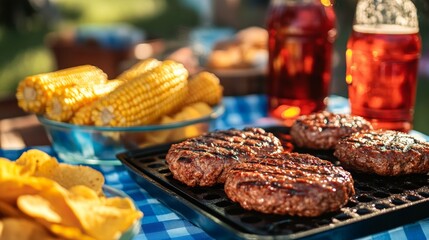 Fototapeta premium Backyard BBQ setup, grilled beef patties on black griddle, golden corn cobs, glass bowl of potato chips, red beverages in glass bottles, blue checkered tablecloth, bright sunlight, outdoor food