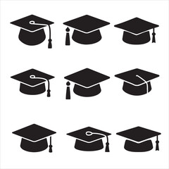 set of vector graduation hat with diploma, Education cap, Graduation student black cap with academic degree certificate silhouettes
