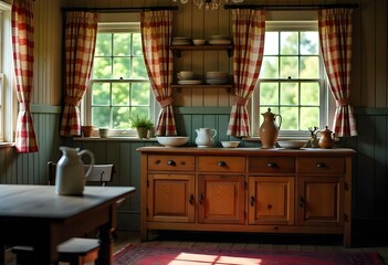 Warm Rustic Kitchen Filled With Natural Light and Charming Decor in a Cozy Countryside Setting. Generative AI