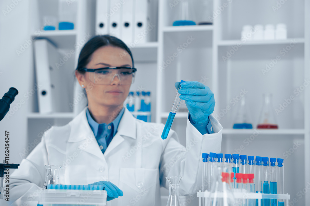 Aufkleber A scientist is analyzing samples in a laboratory, focusing on their biochemical properties and exploring innovative solutions in healthcare and biomedical research to advance science and medicine