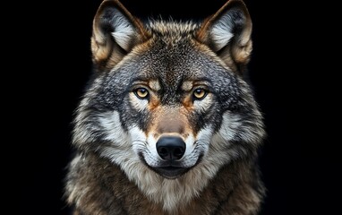 Obraz premium Close-up portrait of a wolf against a black background.