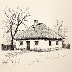 Ink Drawing of a Traditional Thatched-Roof House in a Rural Setting.