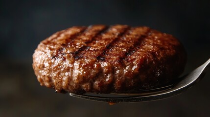 Perfectly seared hamburger patty, diagonal grill lines, browned meat edges, metal fork tines piercing, minimalist composition, isolated backdrop, commercial food styling, high-resolution detail