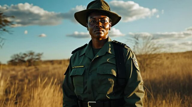 Portrait of a Confident Ranger Amidst a Savannah Landscape Under a Bright Blue Sky