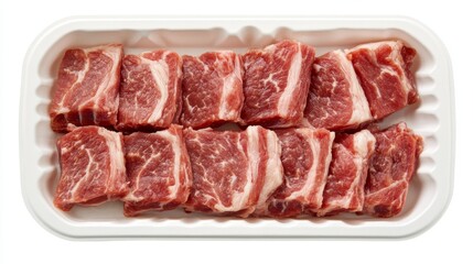 Sliced raw pork belly strips, marbled texture pattern, white plastic tray packaging, overhead view, clean white background, food product photography, sharp detail, commercial lighting