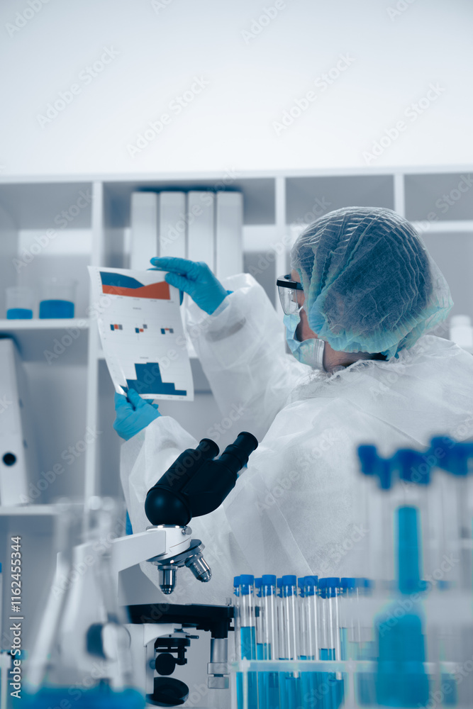 Poster a dedicated scientist is analyzing data in a lab, highlighting microscopys crucial role in research 