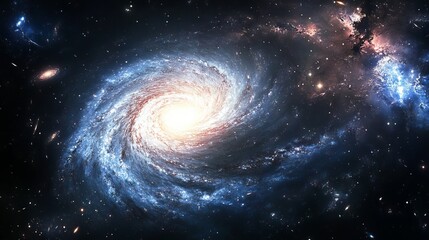 High-definition view from space of a majestic spiral galaxy amidst a star-filled universe with vibrant nebulae and celestial elements