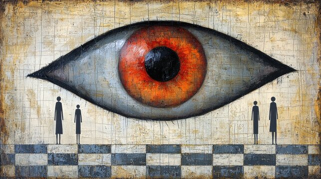 Surreal artwork featuring an oversized eye watching over abstract figures. - Powered by Adobe