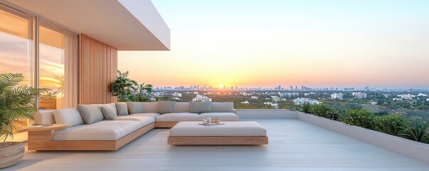 Fototapeta premium Modern outdoor terrace with cozy furniture, overlooking a sunset view in a tranquil setting.