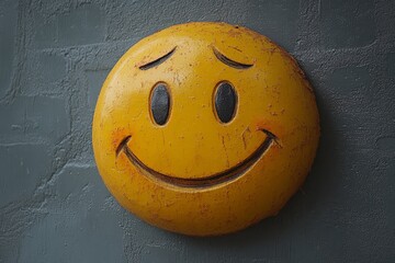 A weathered yellow smiley face symbolizing happiness and positivity.