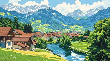 Scenic mountain village with river and lush landscapes.