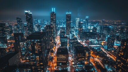 Obraz premium Nighttime cityscape illuminated skyscrapers city lights