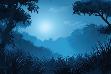 Fototapeta premium A Silhouette of Trees and Grass in a Blue Twilight Sky