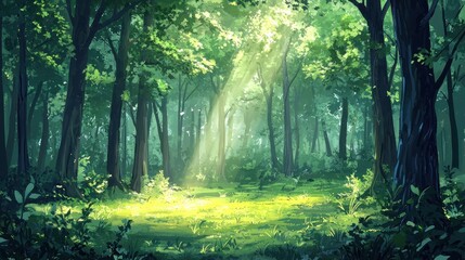 Obraz premium Sunlit Forest Clearing Peaceful Green Canopy