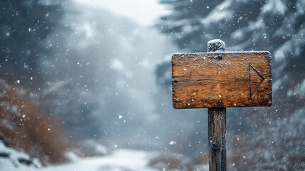 Fototapeta premium Directional signpost stands in heavy snowfall with a blurred snowy mountain background, weathered wood texture, and falling snowflakes, creating an ethereal winter scene.