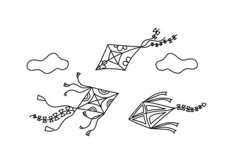 Kite flying in the sky, clouds. Hand drawn icon, doodle. Set linear drawing, sketch on white isolated background.