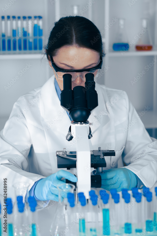 Poster A skilled scientist is analyzing diverse samples under a highresolution microscope, advancing scientific knowledge, research outcomes, and impactful discoveries in the relevant field of study
