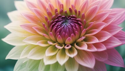Obraz premium Primer plano de una vibrante flor de dalia rosa y verde con pétalos suaves y difusos sobre un fondo borroso