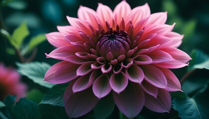 Obraz premium Primer plano de una vibrante flor de dalia rosa y verde con pétalos suaves y difusos sobre un fondo borroso