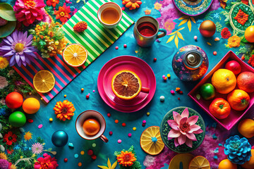 vibrant tabletop arrangement featuring colorful flowers, fruits, and decorative items. scene includes cup of tea, bright plates, and playful elements, creating festive atmosphere