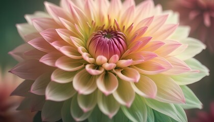 Obraz premium Primer plano de una vibrante flor de dalia rosa y verde con pétalos suaves y difusos sobre un fondo borroso
