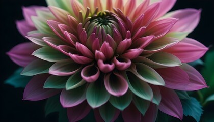 Fototapeta premium Primer plano de una vibrante flor de dalia rosa y verde con pétalos suaves y difusos sobre un fondo borroso