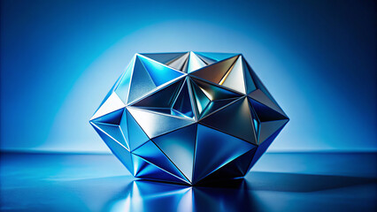geometric abstract sculpture with metallic surfaces reflecting blue light, creating modern and dynamic visual effect. intricate design showcases sharp angles and facets