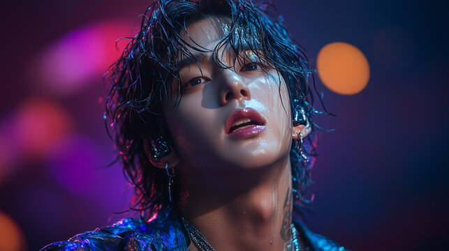 Under vibrant stage lights, a passionate Asian K-pop musician mesmerizes fans with an energetic performance at an outdoor concert, creating a thrilling atmosphere late into the night.