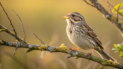 Sparrow perched on branch in serene natural setting.