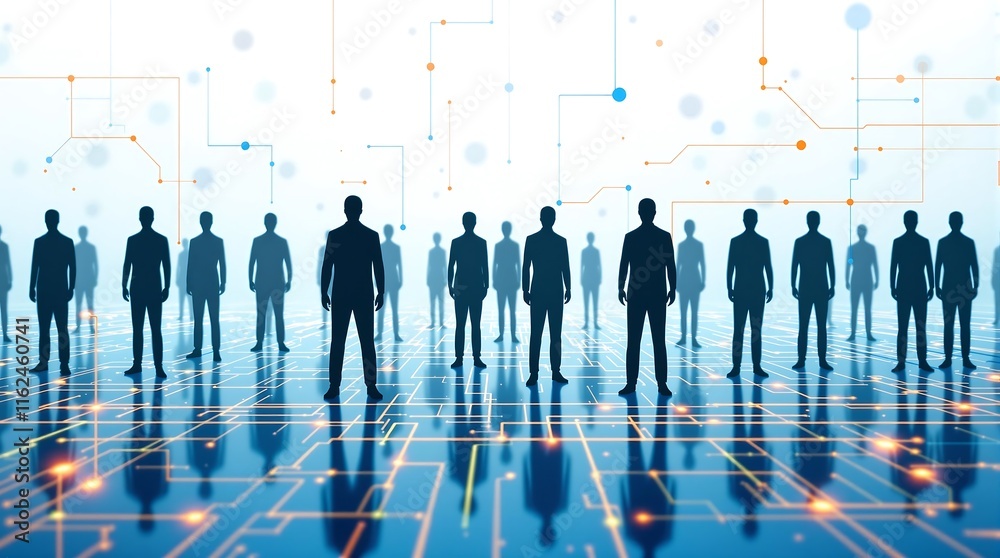 Poster digital network connecting people through technology on modern abstract background with silhouettes 