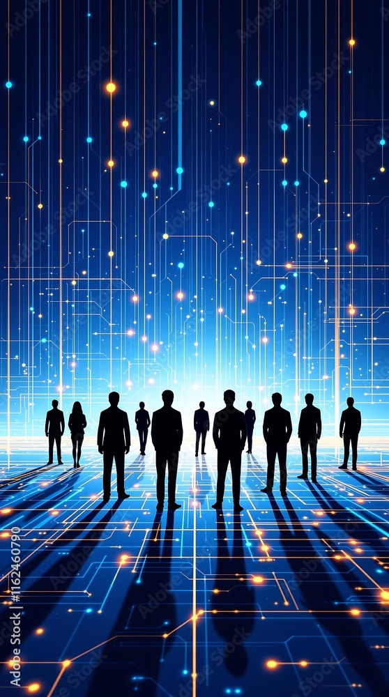 Poster digital network connecting people through technology on modern abstract background with silhouettes 