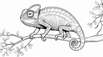 A detailed black and white line art illustration of a chameleon perched on a branch with curled tail