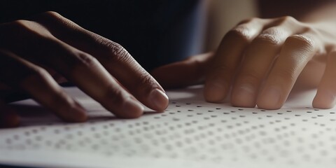 The Tactile Guide: A close-up view of a person's hands delicately tracing the raised dots of Braille text on a page. 