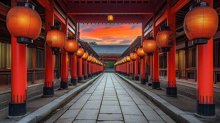 Red lanterns line a pathway leading to a temple at sunset.