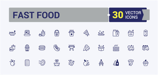 Fast Food linear icon collection. Featuring restaurant, bakery, hamburger, meal, fries, sausage, bread, french. Vector line and solid icons.