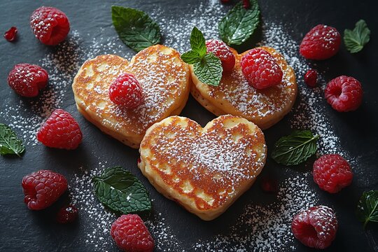 Heart-shaped pancakes with raspberries for a romantic breakfast