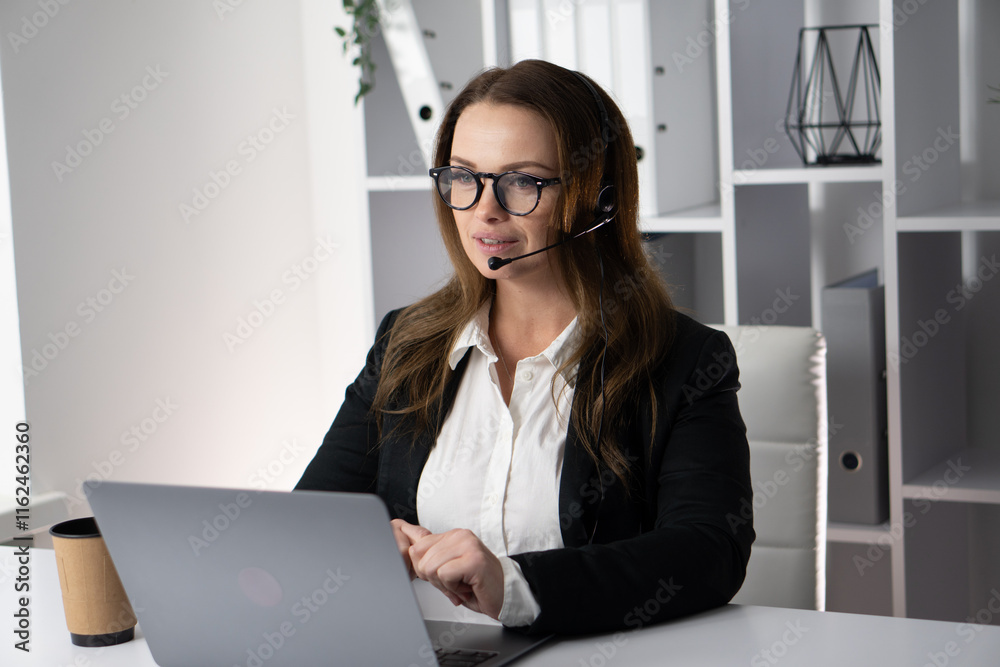 Aufkleber a professional woman is actively engaged in virtual communication while working at her modern office