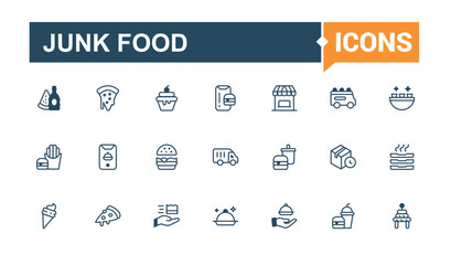 Junk Food linear icon collection. Contains such icons as burger, ice, snack, drink, meal, bakery, sushi and more. Set of line pictogram. Vector illustration in modern line style.