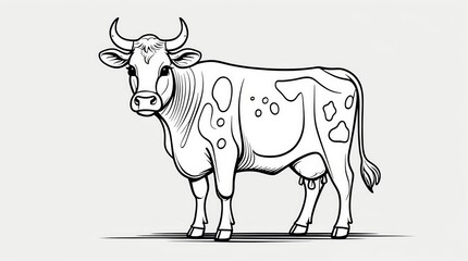 Fototapeta premium A detailed black and white illustration of a standing cow with prominent horns and udder