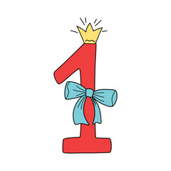 Bright digit, number 1 in crown. Drawing, doodle. Cartoon number. Design of greeting children's card. Holiday, birthday. Vector icon, illustration, white isolated background.