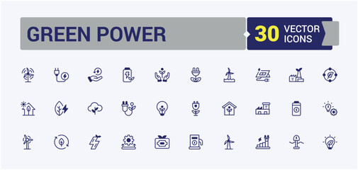 Green Power linear icon collection. Includes thin line power, factory, sustainable, environmental, geothermal, water, green, thermal. Isolated icons design. Outline and solid pictogram.